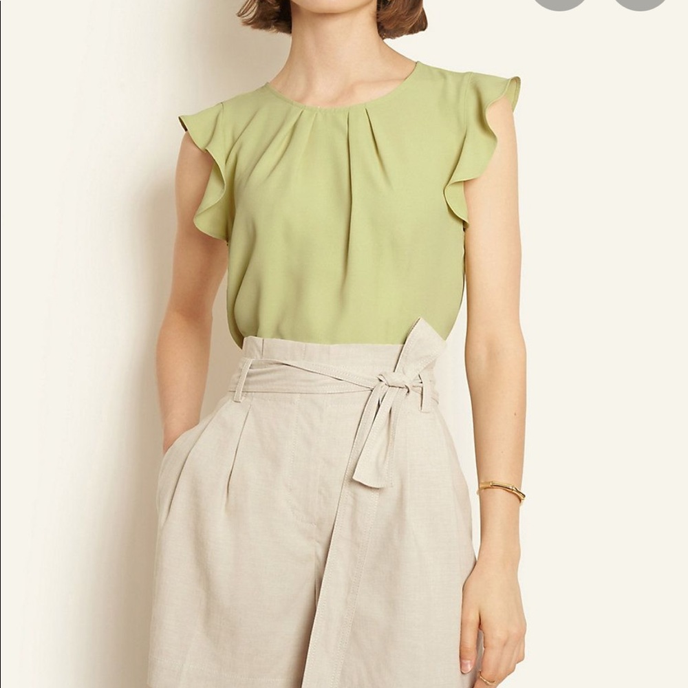 ANN TAYLOR MIXED MEDIA PLEATED FLUTTER SLEEVE TOP